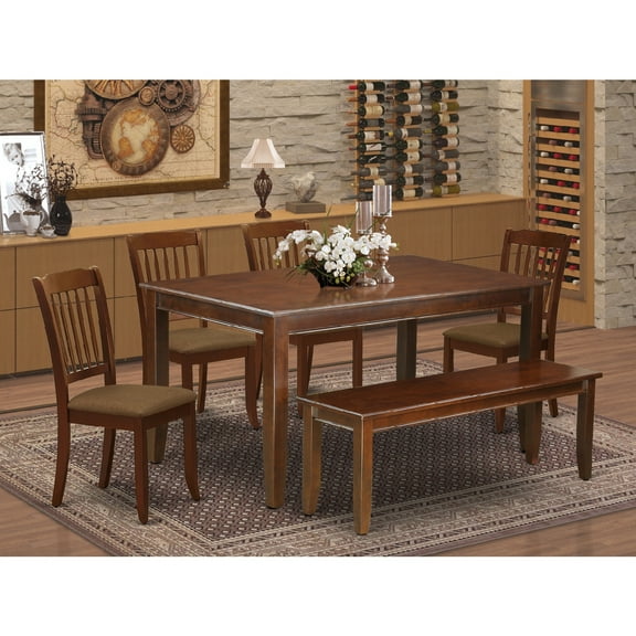 HomeStock Rococo Romance 6Pc Dining Set Includes A Rectangle Dining Table, Four Vertical Slatted Linen Seat Kitchen Chairs And A Bench, Mahogany Finish