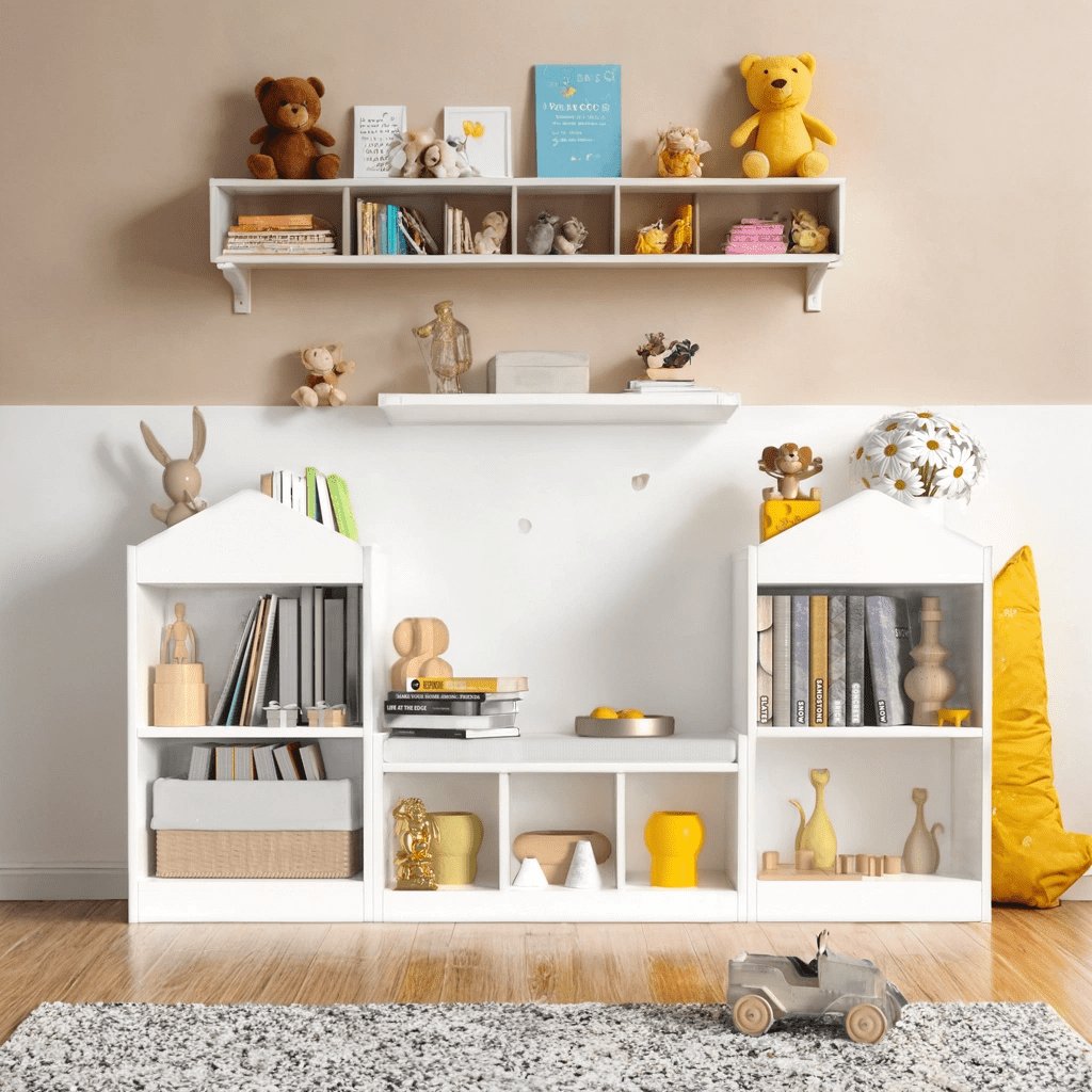 68.9“ Kids Bookshelf with Reading Nook, Toy Storage Organizer with Seat Cushion and 7 Storage Cubbies, Wooden Kids Bookcase, Toy Organizers and Storage for Nursery, Playroom, White