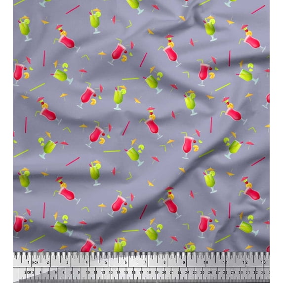 Soimoi Moss Georgette Fabric Straw & Juice Beverages Print Fabric by The Yard 42 Inch Wide