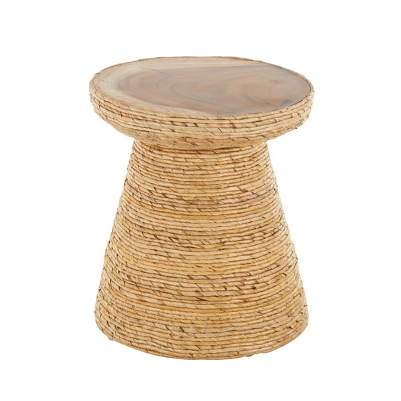 DecMode 16" x 19" Brown Banana Leaf Handmade Woven Accent Table with Wooden Tabletop, 1-Piece