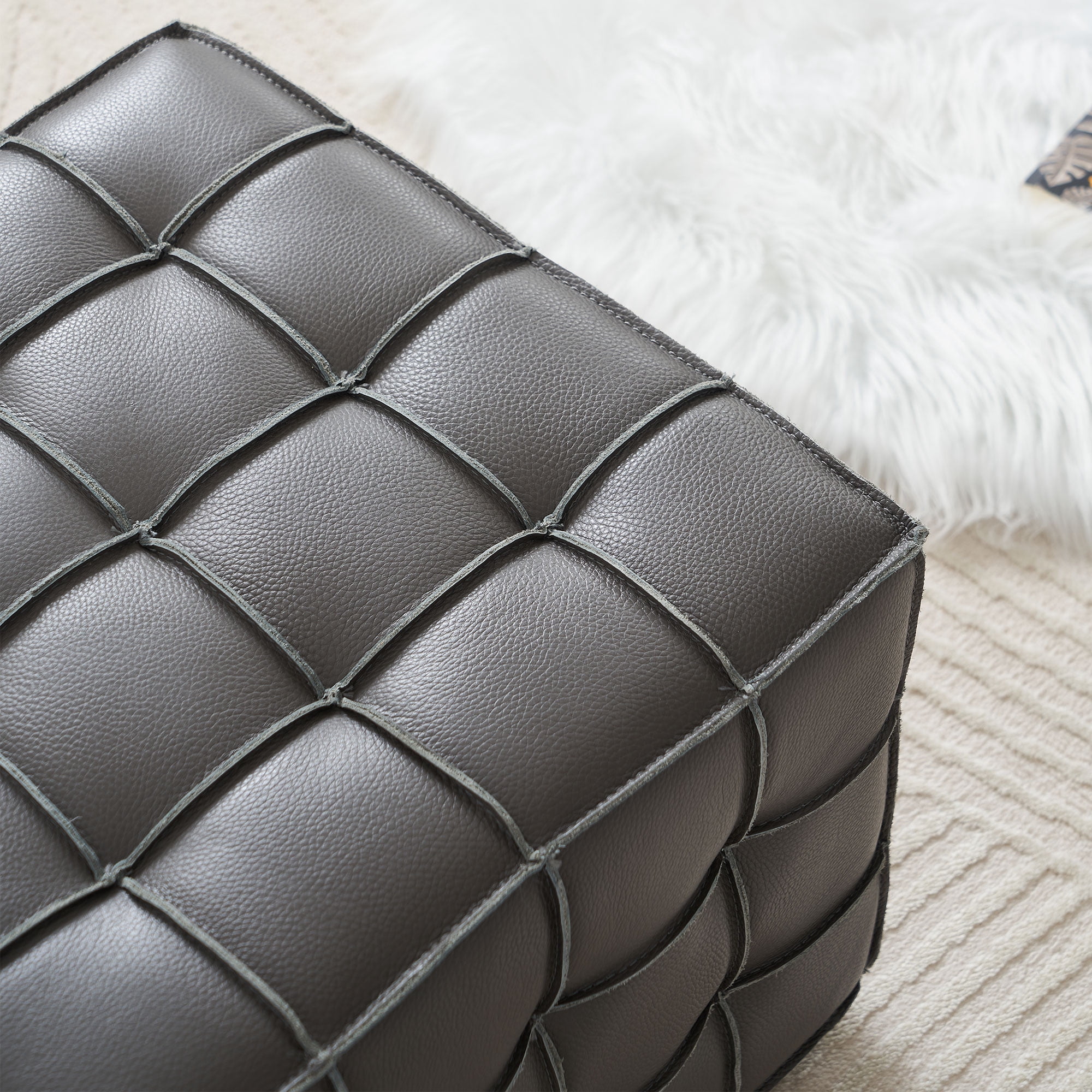 17.32''W Genuine Leather Tufted Ottoman,Footstool for Living Room & Bedroom,Grey Color