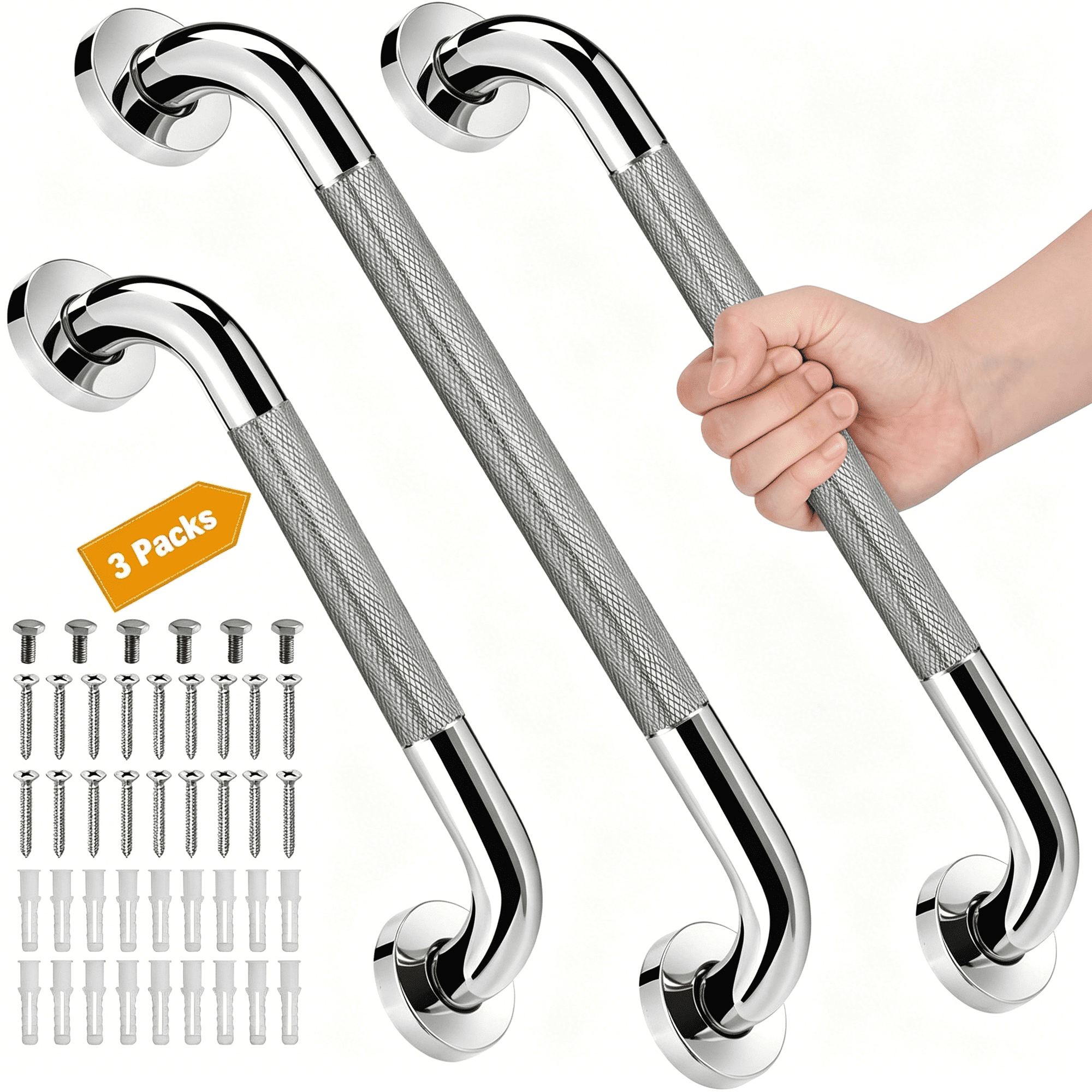 ZHZFKQ 3 Packs Shower Grab Bars for Bathroom, 2 x 16" & 1 x 12" Safety Handicap Grab Bars for Wall, Anti-Slip Shower Handles for Elderly, Seniors, Disabled, Shower Handrails for Bathtub Toilet