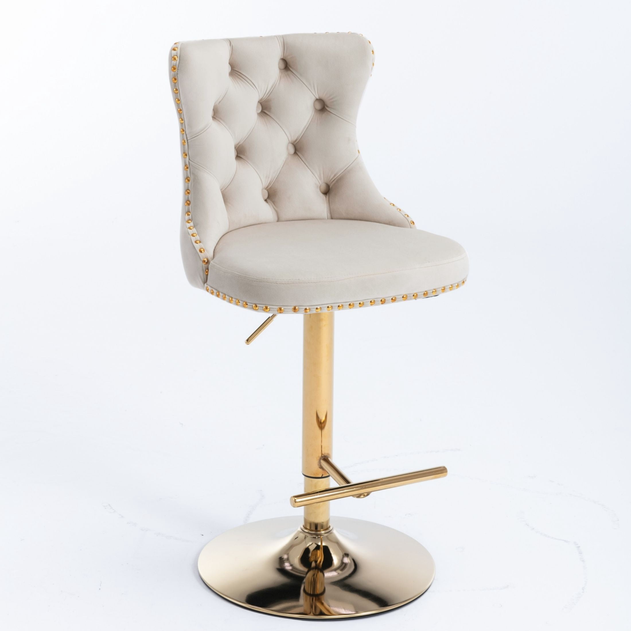 PORKISS Bar Stools Set of 2, Gold Velvet Swivel Barstools with Tufted Backs and Footrests, Upholstered Adjustable Seat From 25" to 33" for Home Pub, Kitchen Island, Beige