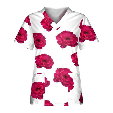 

purcolt Plus Size Scrubs Tops for Women Women s Valentine s Day Heart Floral Print Nurse Workwear V-Neck Short Sleeve Medical Working Uniform Casual Comfy Blouse Shirts with Pockets