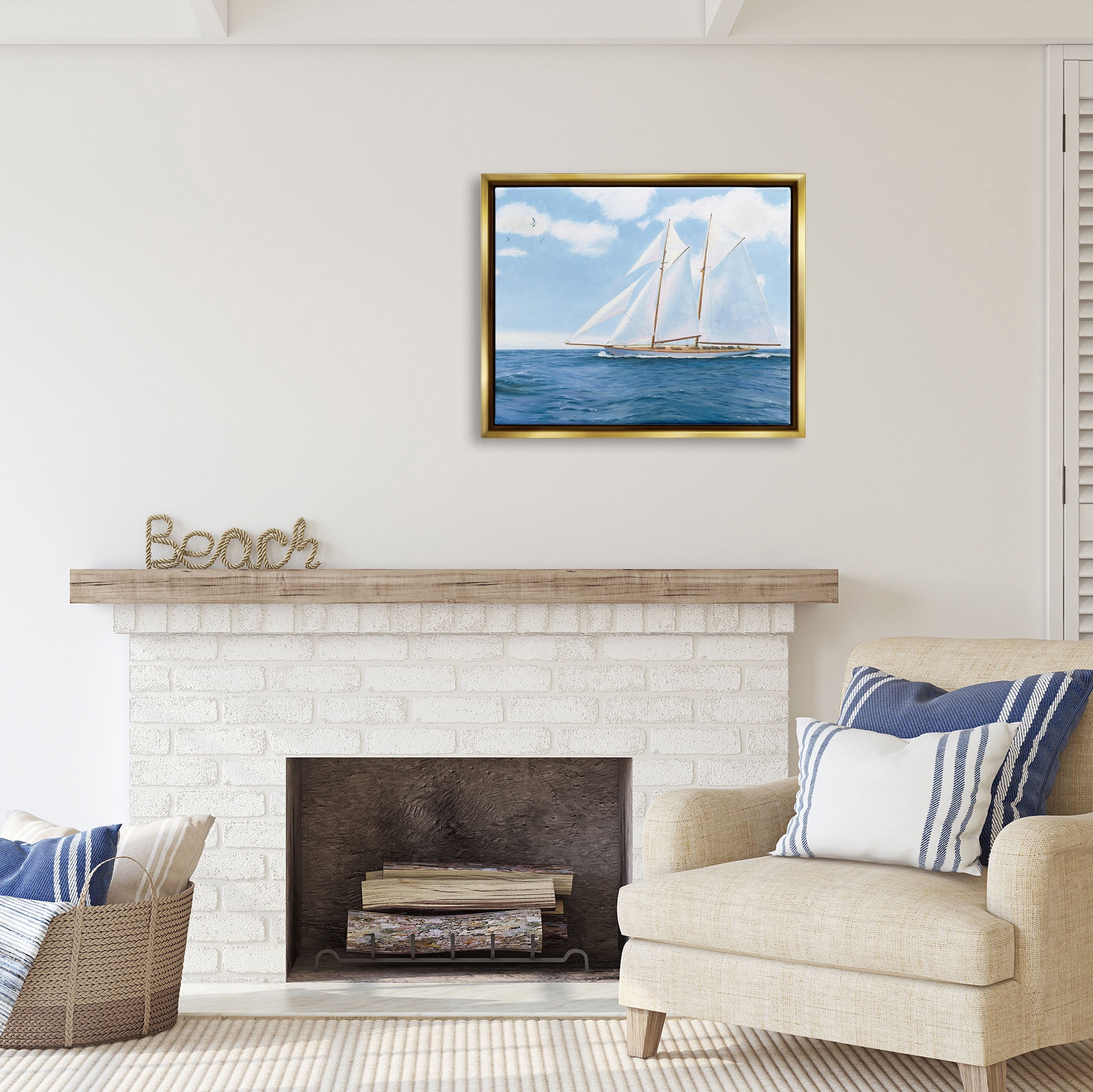Stupell Industries Blue Nautical Sailboat Transportation Painting Gold Floater Framed Art Print Wall Art, 31 x 25