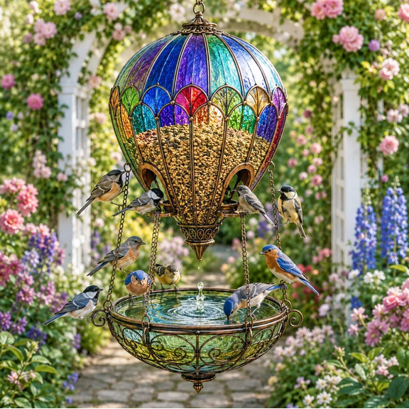 Stained Hot Air Balloon Bird Feeder Fountain, Hanging Outdoor Bird Bath Feeder, Multi‑Bird Feeding Station for Yard Patio Backyard Decoration