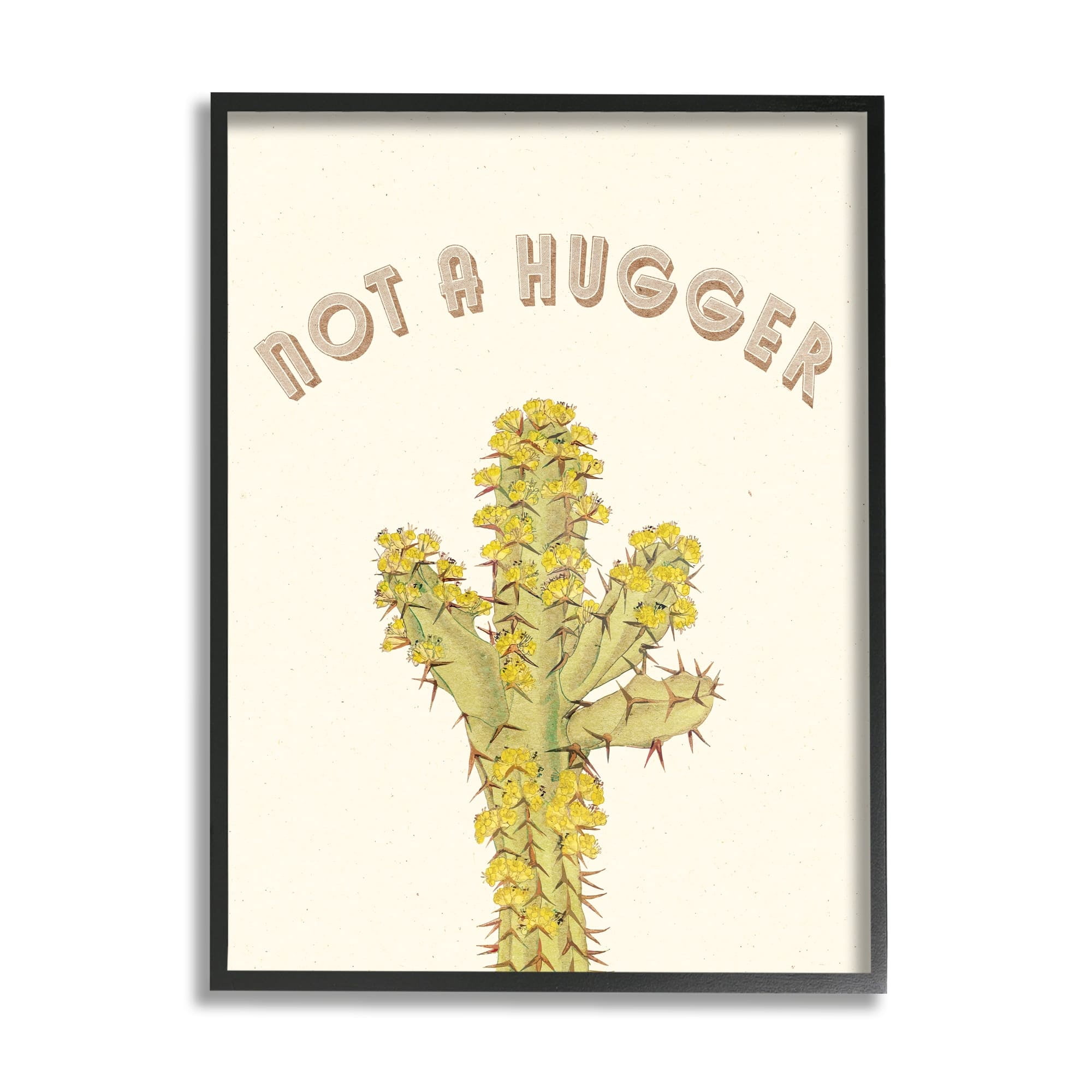 Stupell Industries Not A Hugger Phrase Vintage Yellow Floral Cactus Botanical & Floral Painting White Framed Art Print Wall Art, 24 x 30