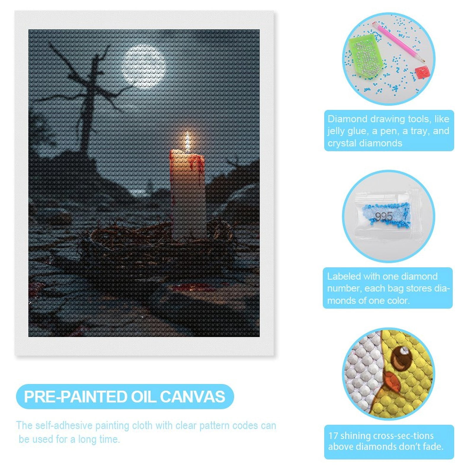 Diamond Art Kits for Adults, Candle Night Moonlit Landscape 5D Diamond Painting Kits for Adults Beginners, DIY Full Drill Diamond Painting, Gem Art and Crafts 12x16