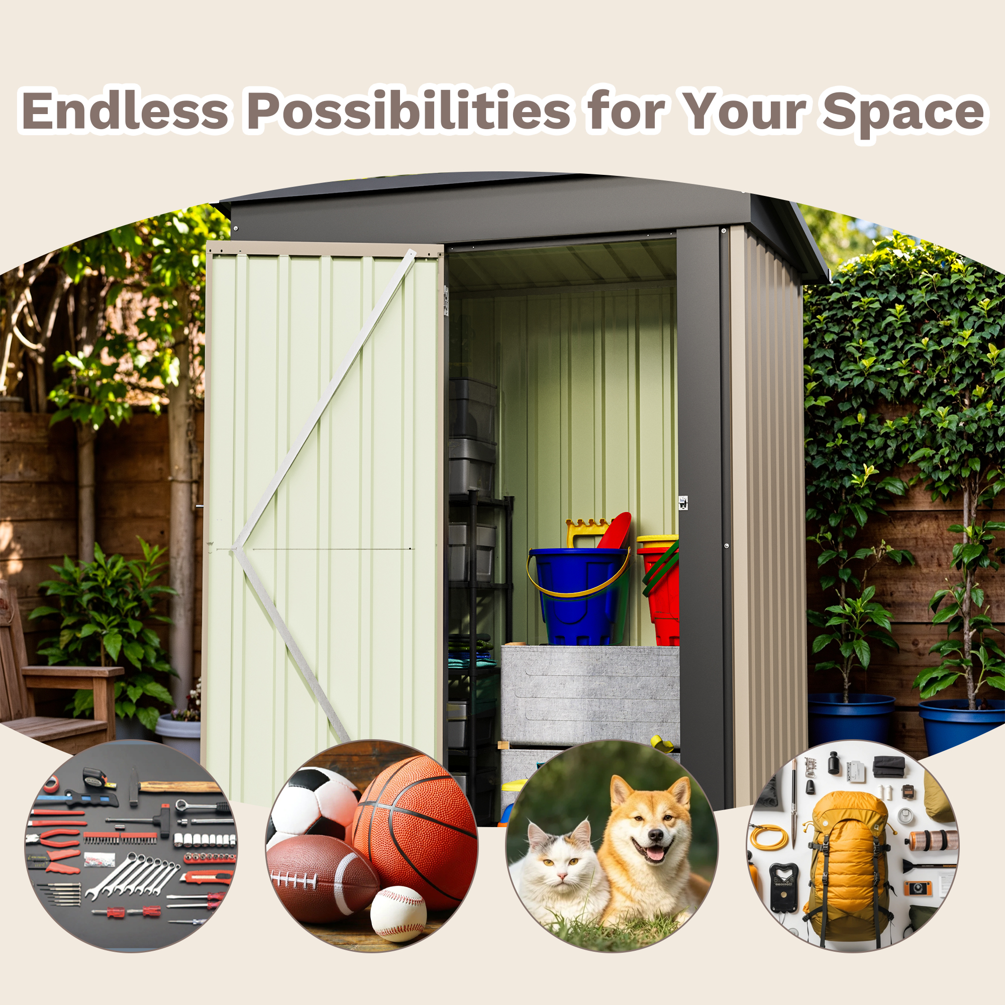 Homall 5' x 3' Mental Outdoor Storage Shed, with Groove Roof and Lockable Door, for Garden and Patio, Brown