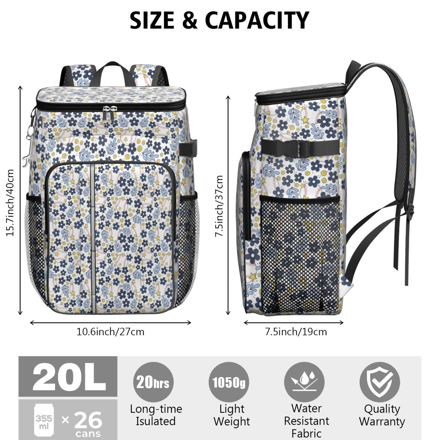 Travel Cooler Bag - Blue Baseballs with Yellow Flowers Pattern Camping Beer Cooler Backpack with Bottle Opener- Waterproof Insulated Picnic Backpacks - Cooler Bag for Beach