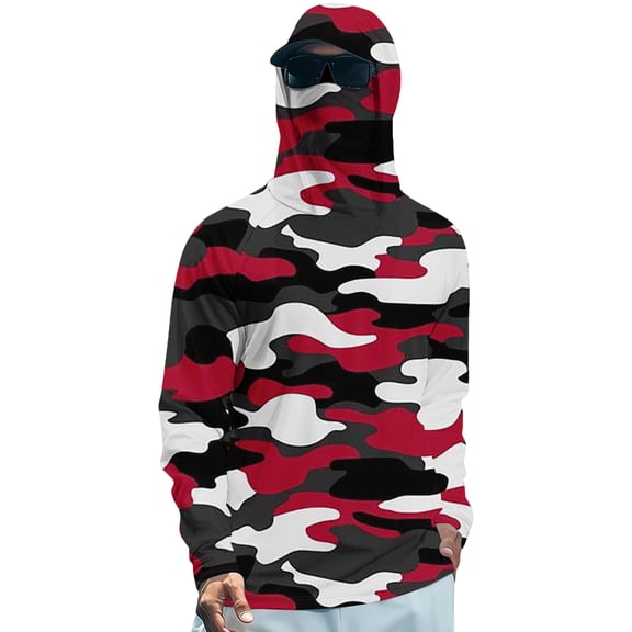 Domuza Upf 50 Sun Protection Hoodie Shirts Men Long Sleeve Camouflage Color T-Shirts 2026 New Outdoor Fishing Hiking Rash Guard Tops with Mask Wine S