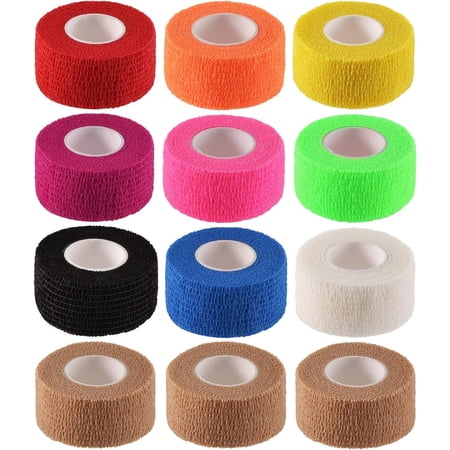 Self Adhesive Elastic Bandage Wrap - Pack of 12 Rolls 1" x 5 Yards Stretch Self-Adherent Cohesive Wrap Bandages First Aid Tape for Athletic, Sports, Wrist, Ankle (10 Colors)