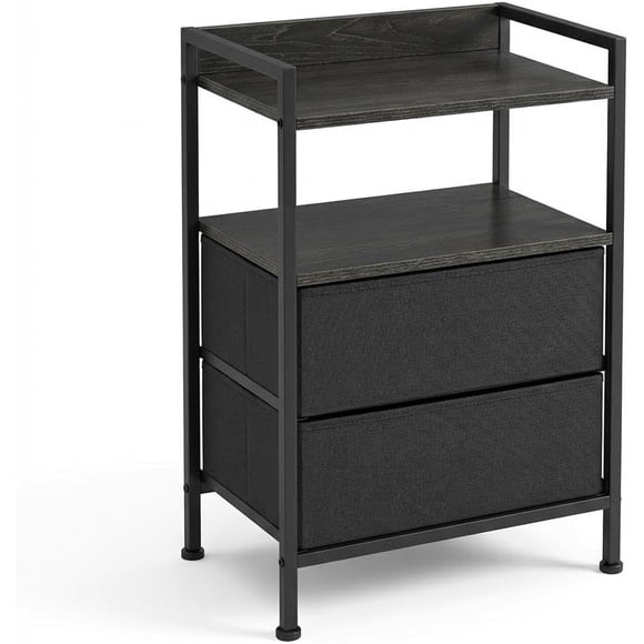 EastVita Table d'Appoint de Rangement à 3 Niveaux, Table de Chevet avec 2 Tiroirs en Tissu et Tablette, Table de Chevet Moderne pour Salon, Noir