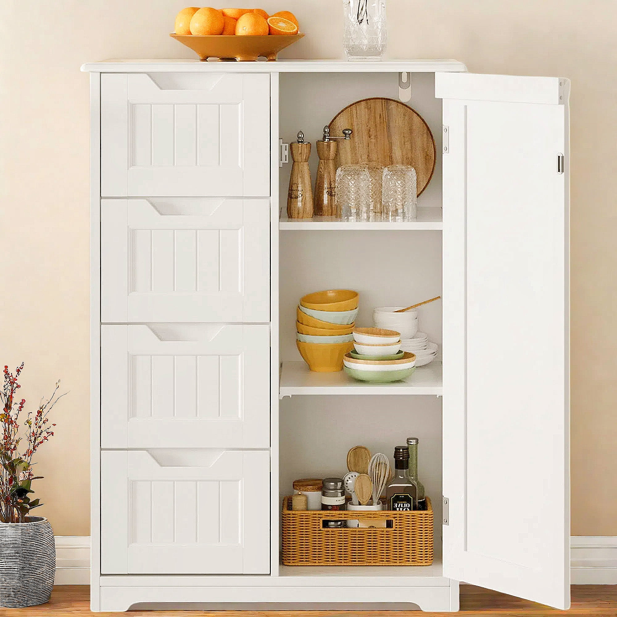 Kitchen Pantry Cabinet, 34" Small Food Pantry Storage Cabinet with Cutout Handles, White