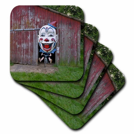 

3dRose Oregon Oregon City. Clown face on bike in door of old red barn. - Soft Coasters set of 4