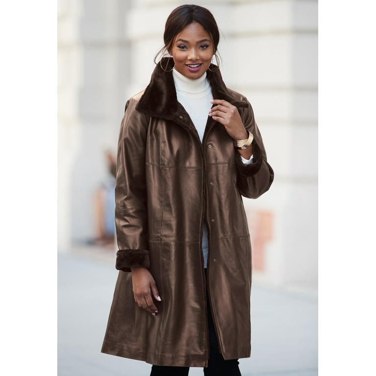 Jessica London Women's Plus Size Fur-Trim Leather Swing Coat