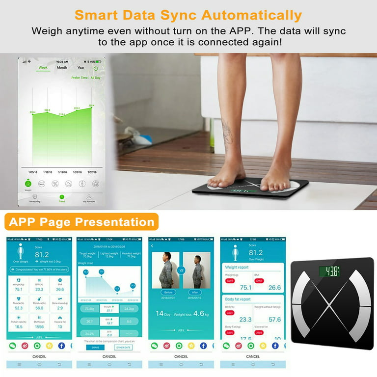 FITINDEX Bluetooth Body Fat Scale, Smart Wireless Digital Weight Scale, Body Composition Monitor Health Analyzer with Smartphone App for Body Weight