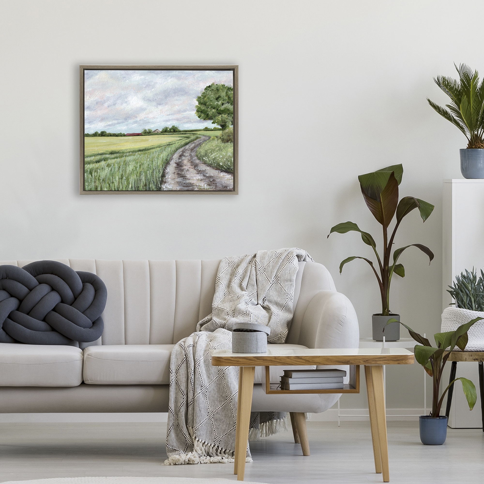 Winding Country Roads Brown Framed Floater Canvas Wall Art, design by Leah Noel Art