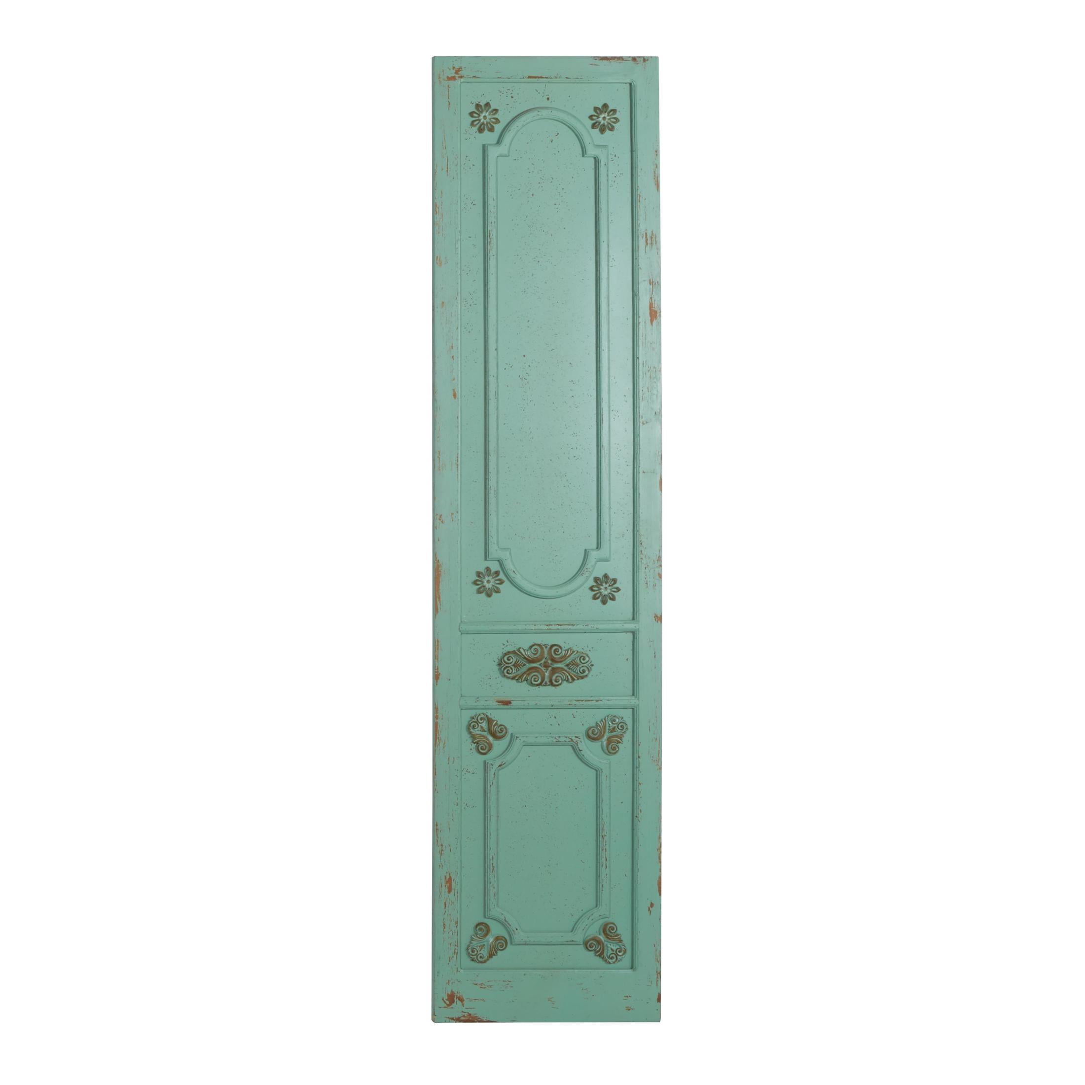 DecMode Green Wood Distressed Antique Door Panel Scroll Wall Decor