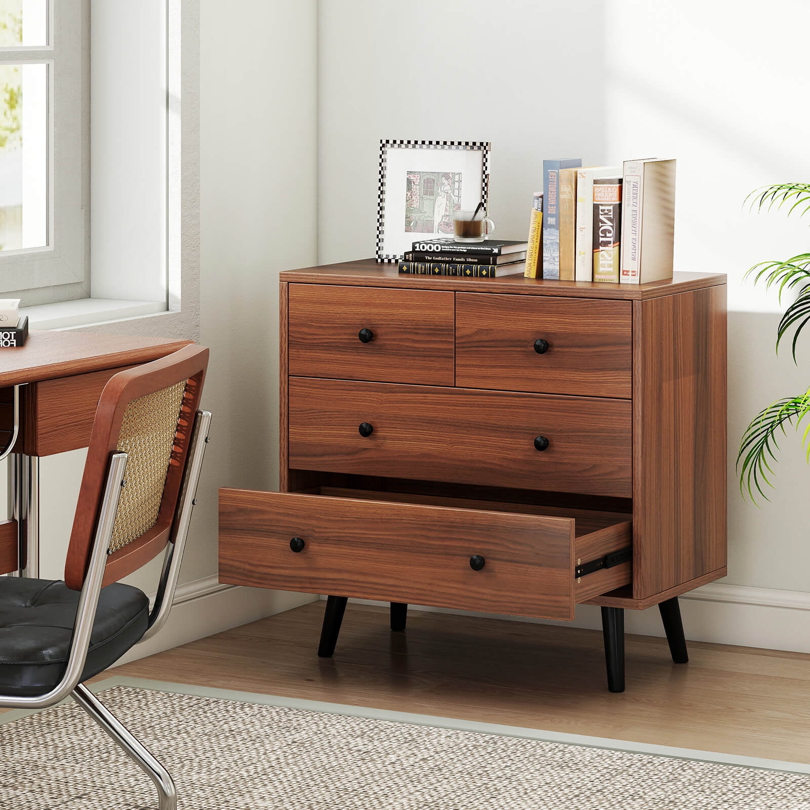 Costway 4 Drawer Dresser for Bedroom Wide Chest of Drawers with Metal Guide Rails Walnut