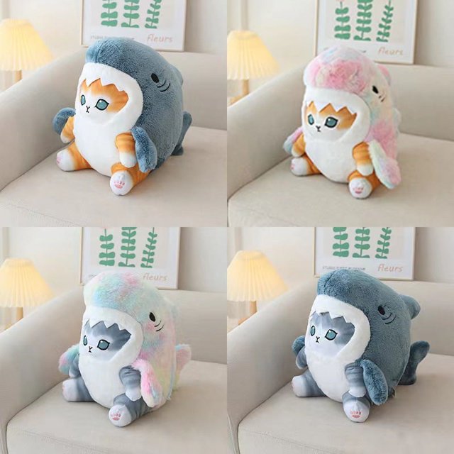 Kawaii tiburón gato juguetes de peluche muñeco colgante japonés popular dibujos animados gatito almohada rellenos gatito muñecos de peluche