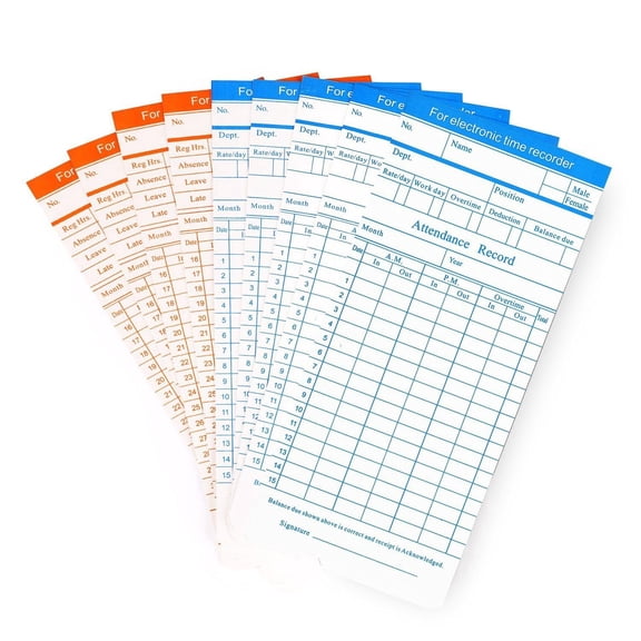 Time Cards, Monthly Timesheet, Clock Timecard - 100 Pack, 6 Column 2-Sided Orange / Blue, Card for Time Punch Clock, Employee Attendance, Payroll Recorder, Small Business