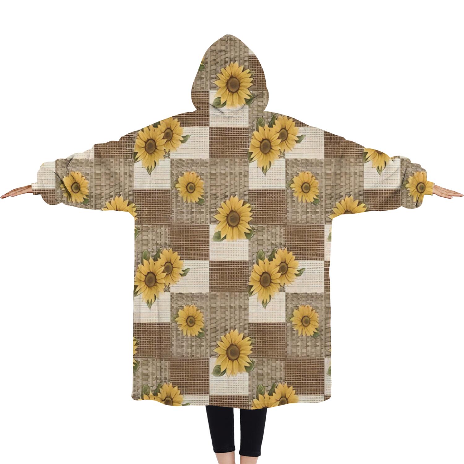 Oversized Wearable Blanket Hoodie,Brown Checker Sunflower Pattern Sherpa Blanket Hoodie with Super Pockets,Super Warm Fuzzy Pullover for Women & Men