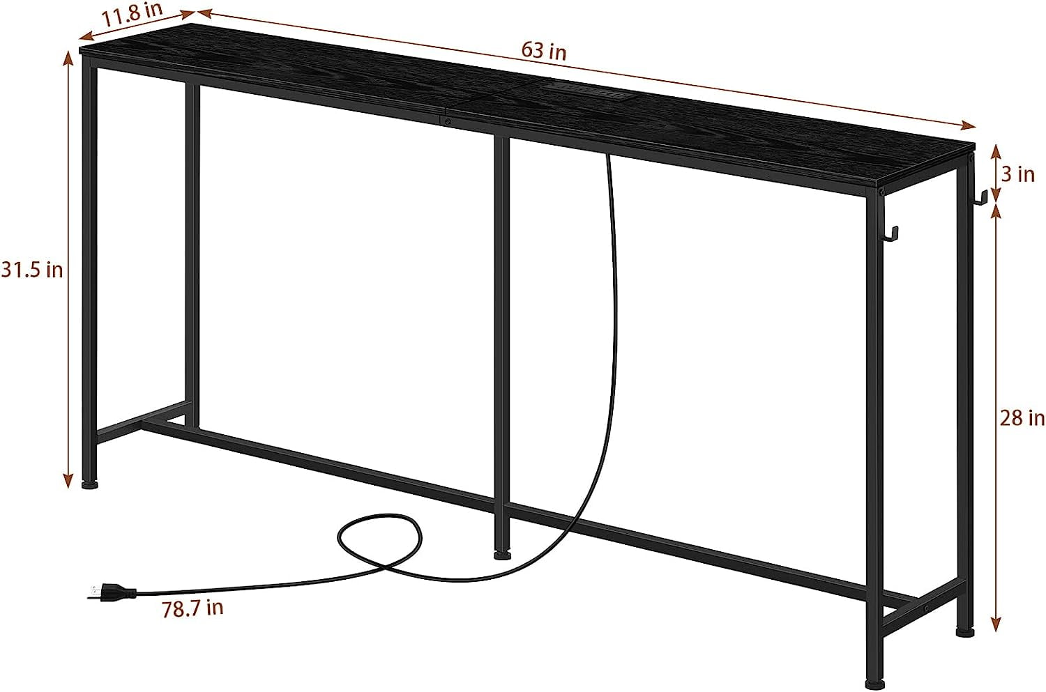 Long Narrow Console Table with Charging Station, Black