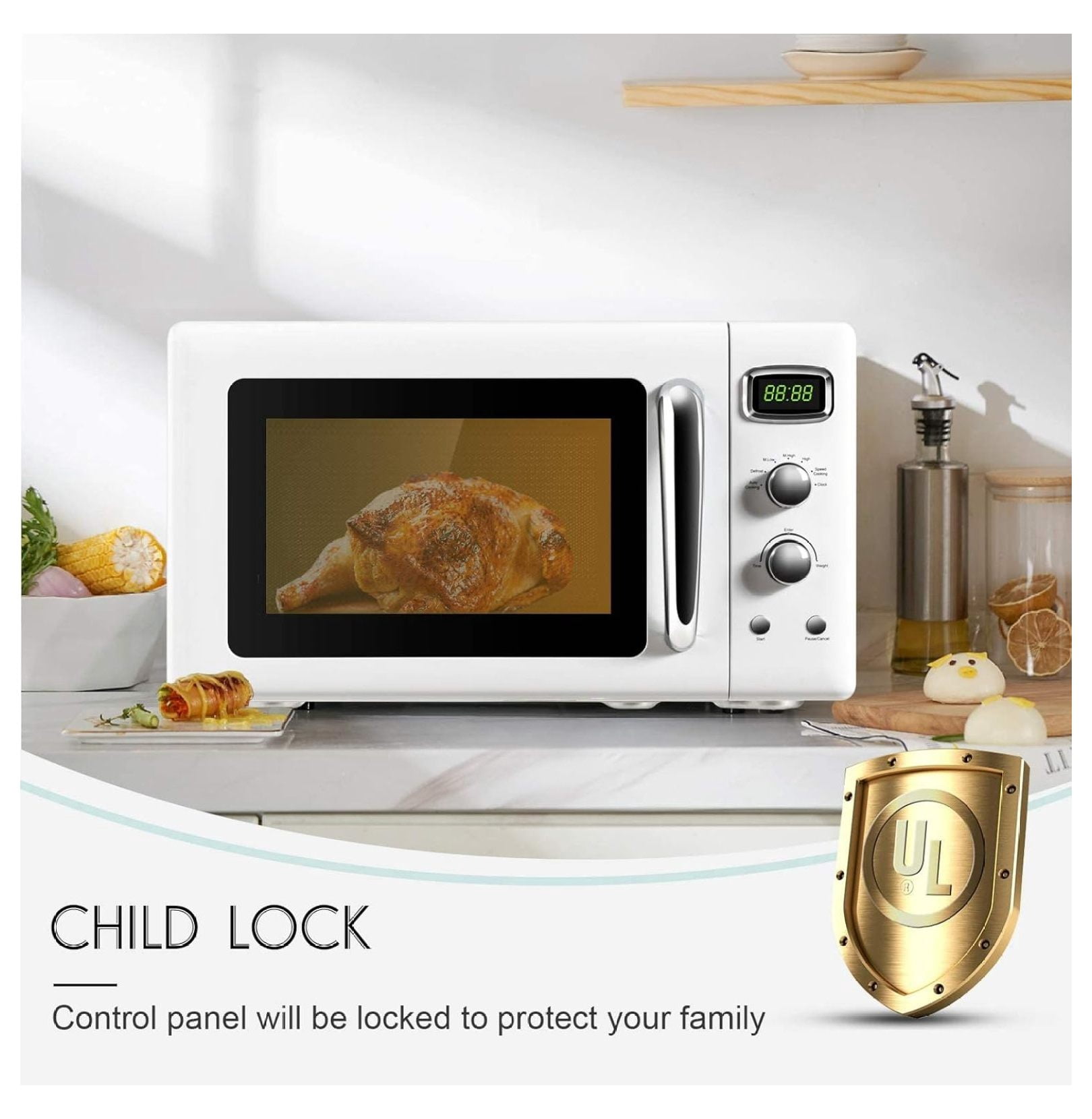 0.9 Cu.Ft Microwave Oven, 900W Countertop Microwave, 5 Power Levels, Defrost, Auto Cook, LED Display, Stainless Steel Interior, Child Lock, ETL Certified