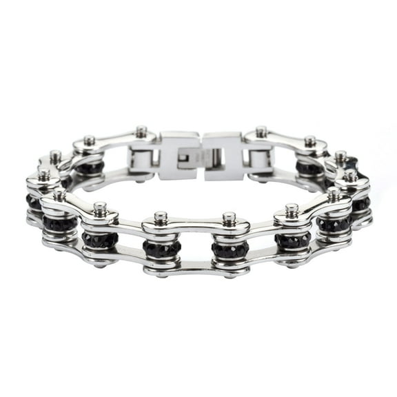 SK1206 All Steel blk/Crystals Bike Chain Bracelet 1/2" Wide - Size 7.25"
