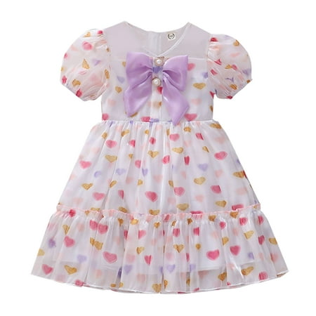 

Summer Fashion New Bubble Sleeve Colorful Heart Printed Bow Toddlers Girls Baby Princess Dress Child Sundress Streetwear Kids Dailywear Outwear