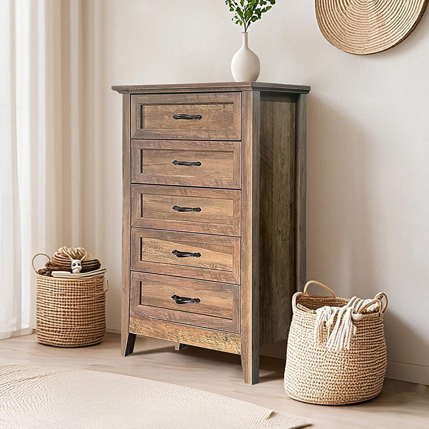 Garvee Farmhouse 5 Drawer Dresser Chest, Tall Wood Vintage Dresser for Bedroom Storage, Organizer for Living Room, Kids Bedroom, Nursery, Hallway Closet