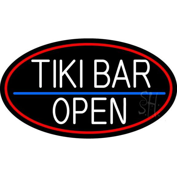 Tiki Bar Open LED Neon Sign 13 x 24 - inches, Clear Edge Cut Acrylic Backing, with Dimmer - Bright and Premium built indoor LED Neon Sign for Bar decor.