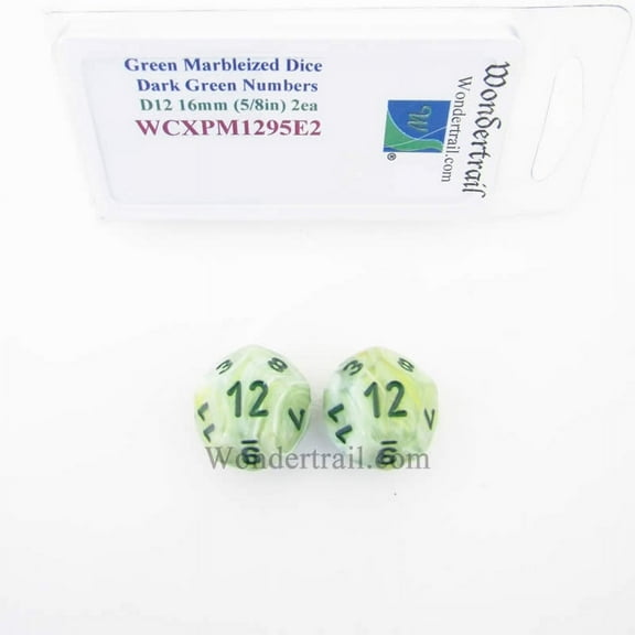 Green Marbleized Dice with Dark Green Numbers D12 16mm (5/8in) Pack of 2 Wondertrail