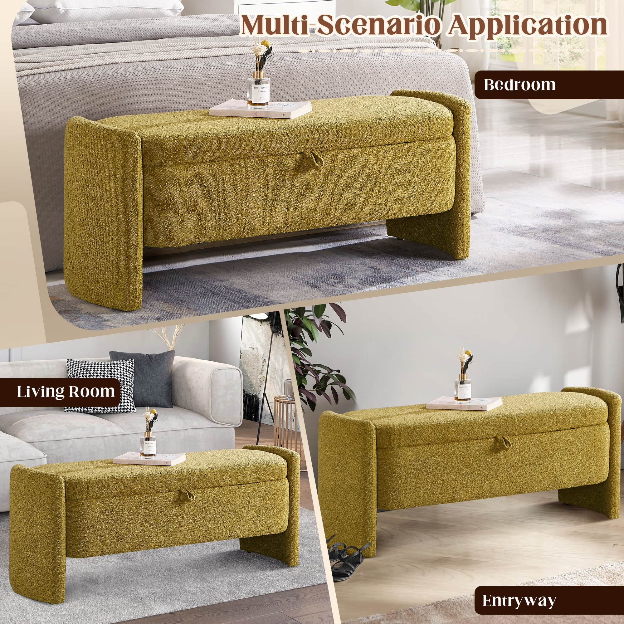 Lunale 41.73" End of Bed Storage Bench, Teddy Upholstered Storage Ottoman Benches for Bedroom, Green