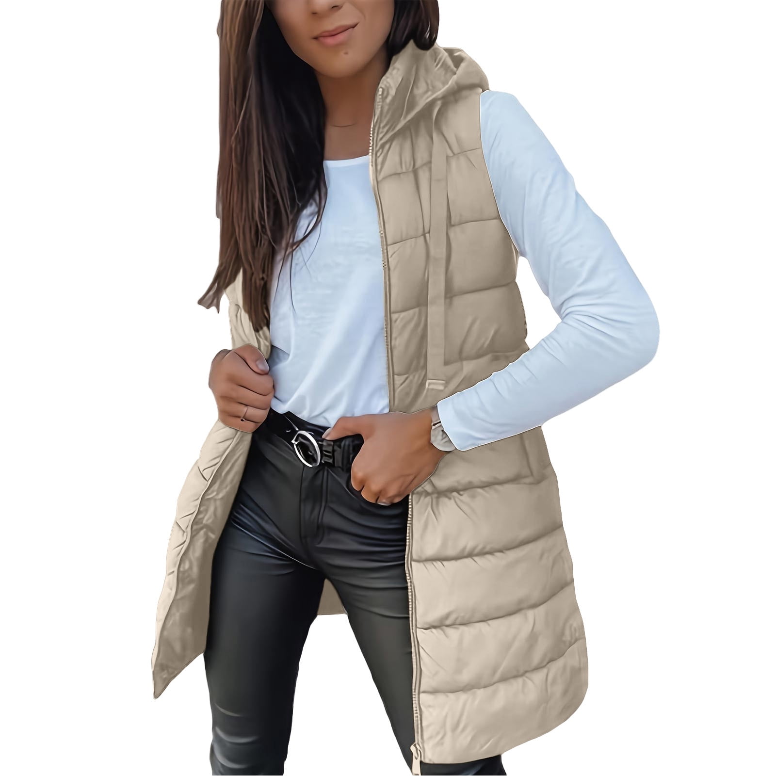 Brnmxoke Plus Size Long Puffer Vest Women Casual Sleeveless Hooded Zip Up Vests with Pockets Lightweight Quilted Outerwear Winter Warm Down Jackets Beige,XL