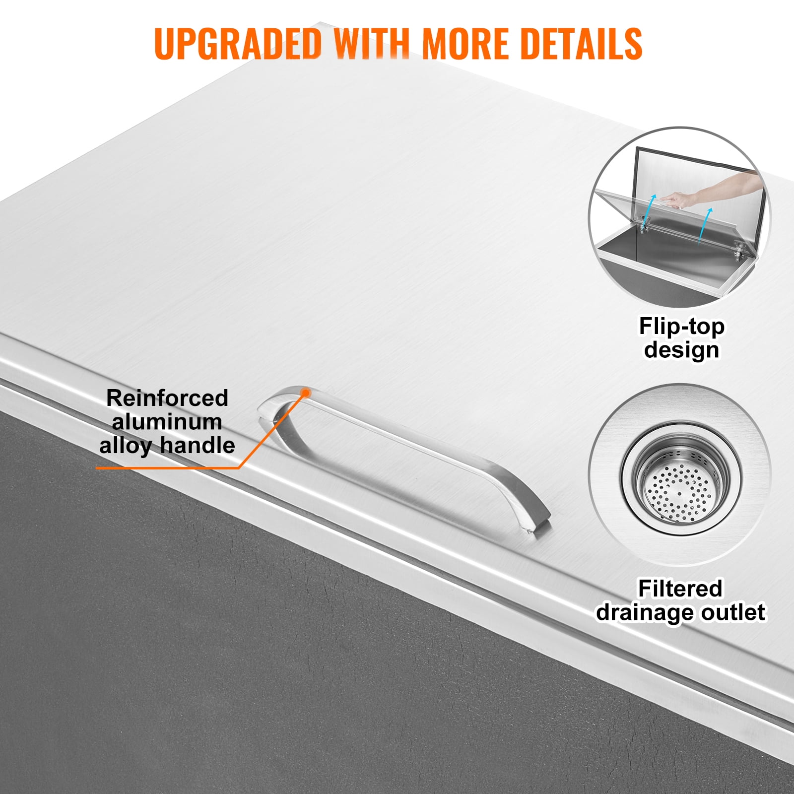 KFFKFF Stainless Steel Drop-In Ice Chest, 24"L x 20"W x 15"H, 40 qt Capacity with Hinged Lid, Outdoor Ice Cooler for Beverages, Includes Drain Pipe and Plug