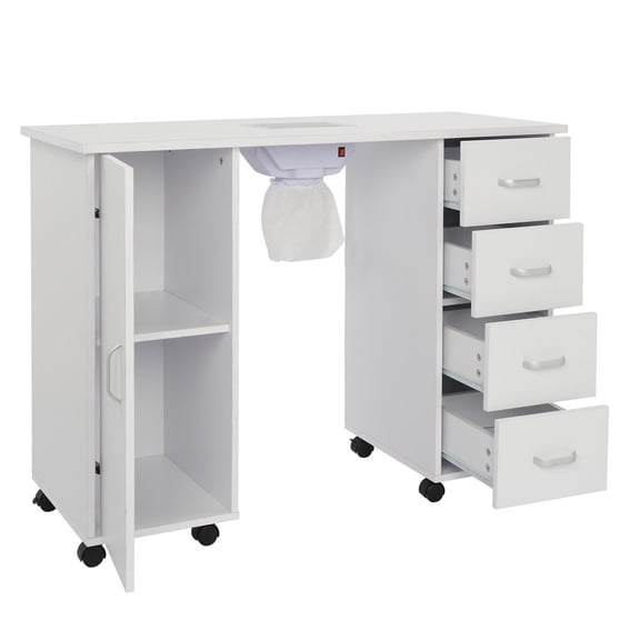 IVV Nail Table Station with Fan - Nail Beauty Spa Salon Desk Workstation with Single Door Cabinet and 4 Drawers - Professional Nail Art Desk - Controllable Wheels and Dust Collector - White