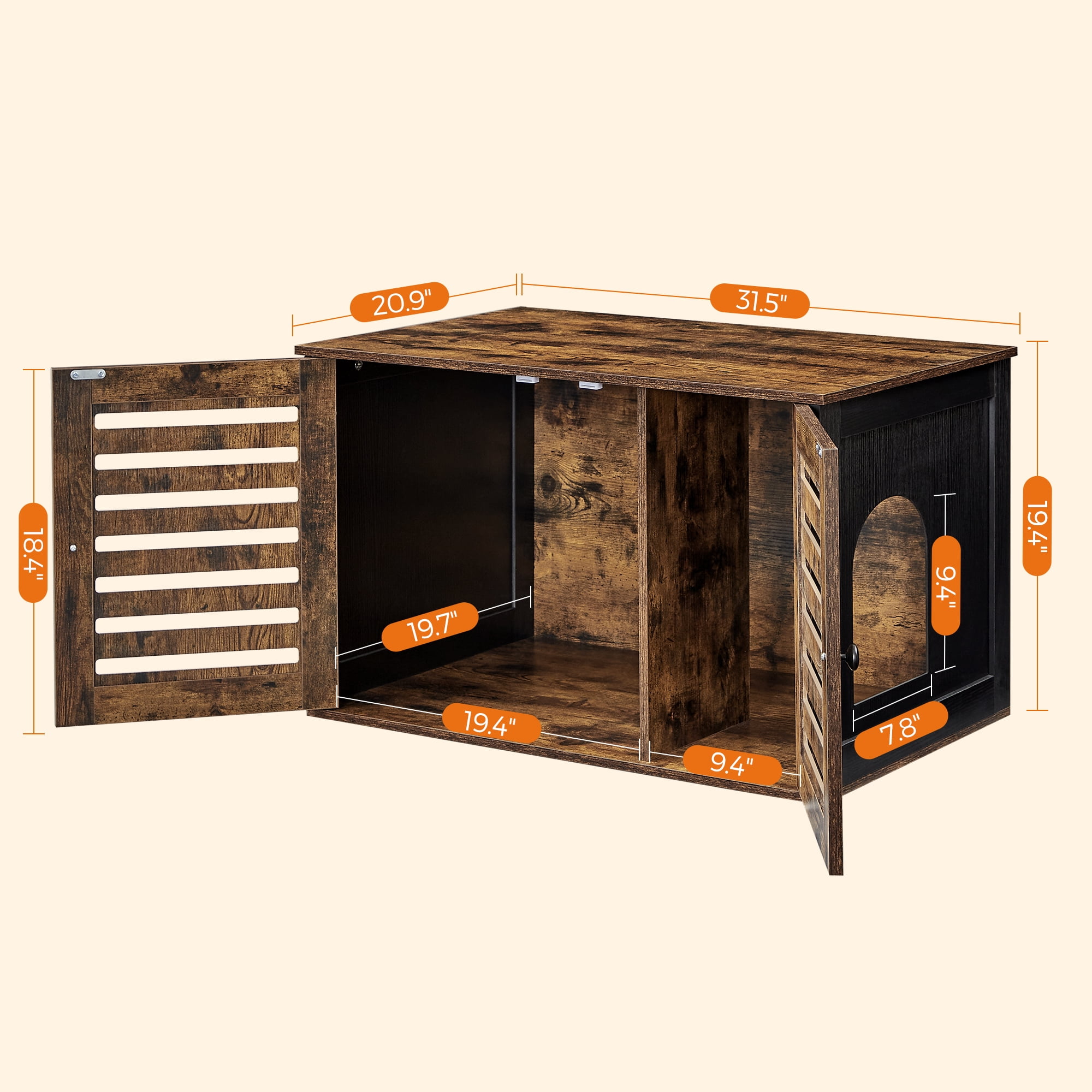 FEANDREA Cat Litter Box Enclosure with Removable Divider, Indoor Cat House, End Table with 2 Shutter Doors, 31.5 x 20.9 x 19.4 Inches, Rustic Brown and Black