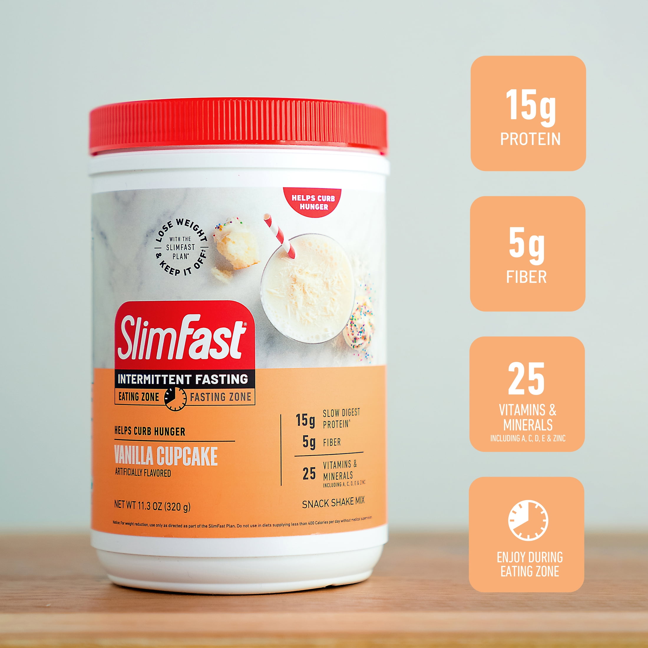 SlimFast Intermittent Fasting, Vanilla Cupcake, Snack Shake Mix, Casein Protein Powder, 10 Servings