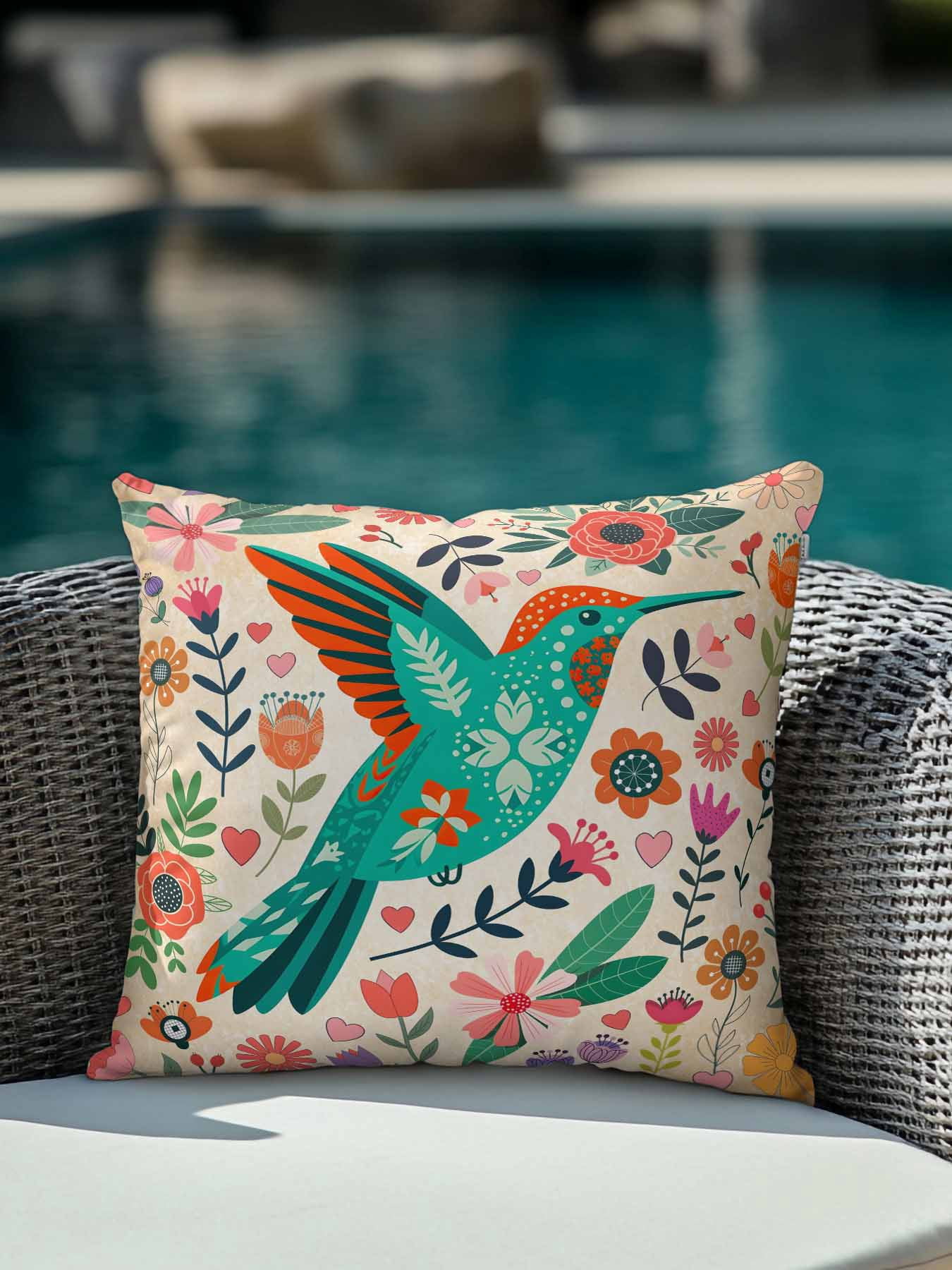 1 Pack Outdoor Pillows Waterproof, Turquoise Birds Indoor/Outdoor Throw Pillows with Inserts, Retro Farmhouse Colorful Flowers Herbs Decorative Pillow for Patio Furniture Chairs Couch