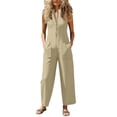 thumbnail image 3 of Women's Casual Linen Jumpsuit Pants, Cotton Solid Color Button Pocket, Elastic Waist Straight Leg, Loose Fit Trousers for Women, Business Casual Lounge Summer, Lightweight Soft, 3 of 8