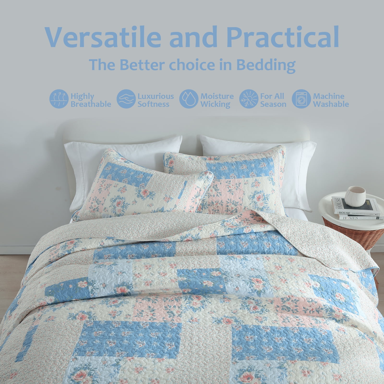 DUOHONG King Bedspread 120"W x 120"L - 100% Cotton Reversible Lightweight Oversized Quilt with 2 Pillow Shams, Blue/Cream White