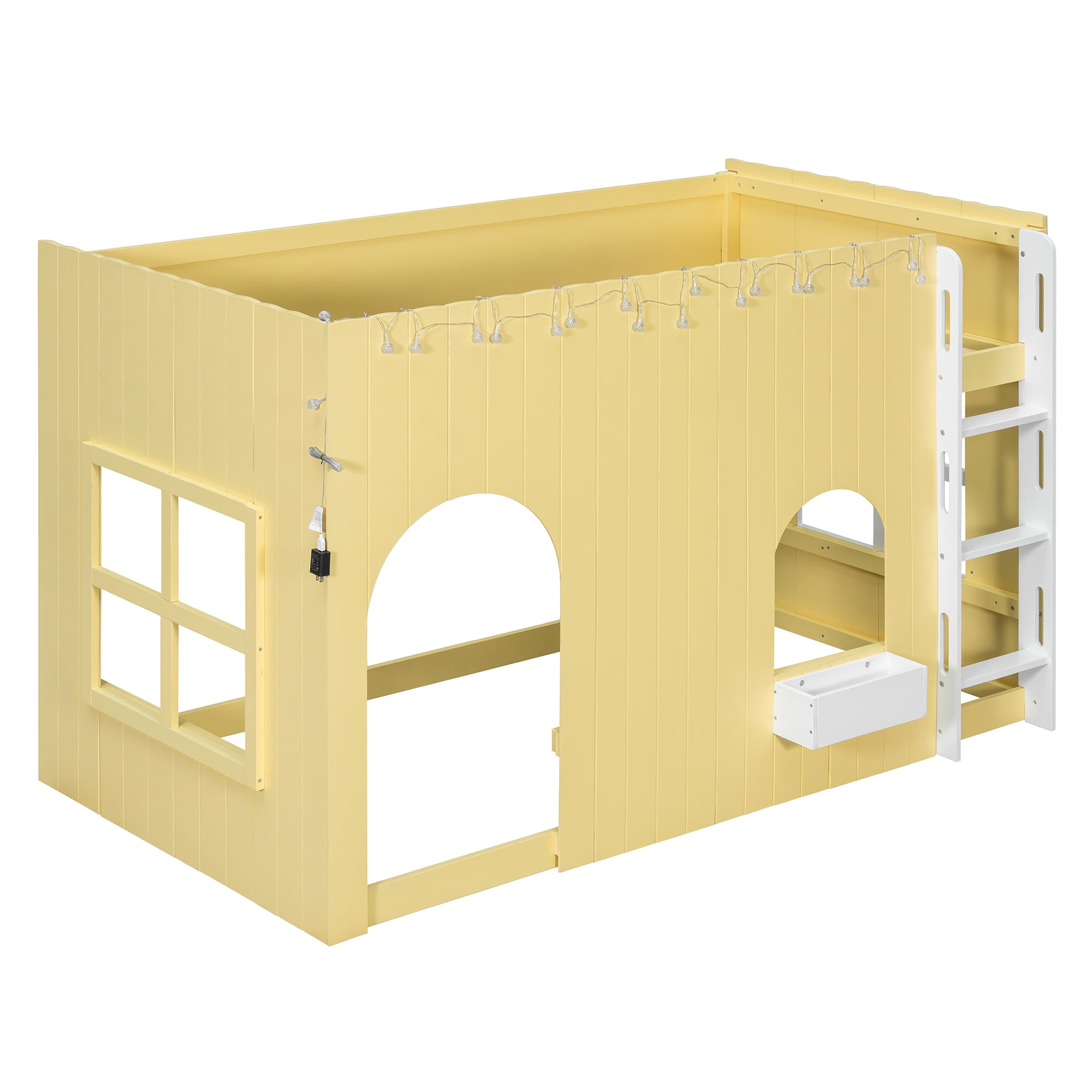 Mintazer Twin House Loft Bed with LED Lights, Kids Playhouse Bed with Ladder, Yellow