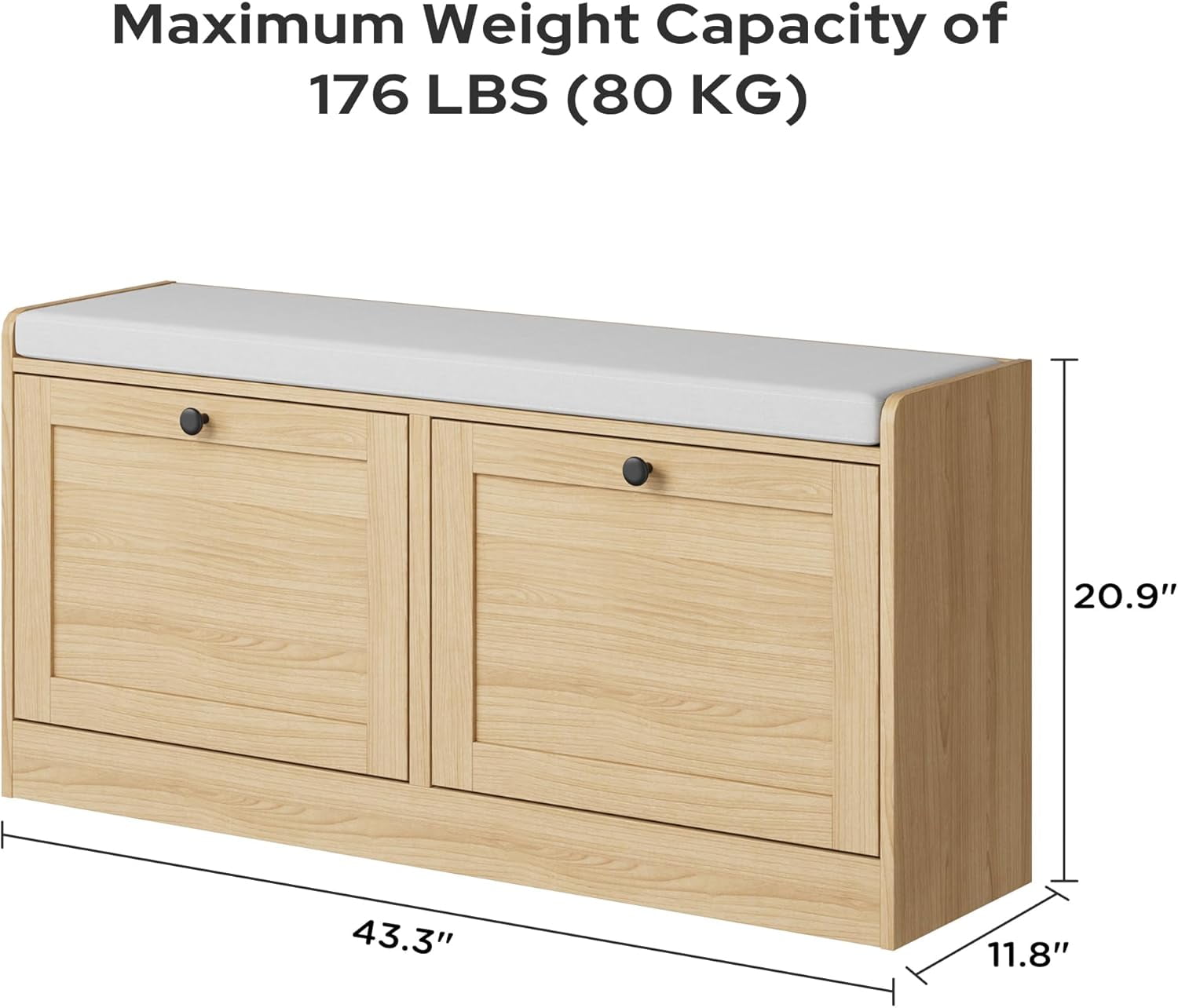 Oak Shoe Bench, Modern Entryway Bench with 2 Flip Drawers, Shoe Rack Bench with Padded Seat Cushion, Wooden Shoe Storage Bench for Entryway, Bedroom and Apartment