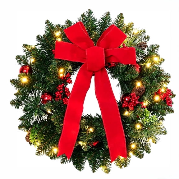 24'' Pre-Lit Artificial Christmas Wreath for Front Door,  with Bow, LED Warm Lights, Balls, Pine Needles, and Red Berries Wall Ornament