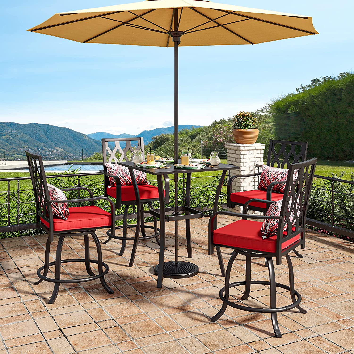 DWVO 5-Piece Patio Swivel Bar Set, 32" Square Patio Bar Table (Umbrella ...