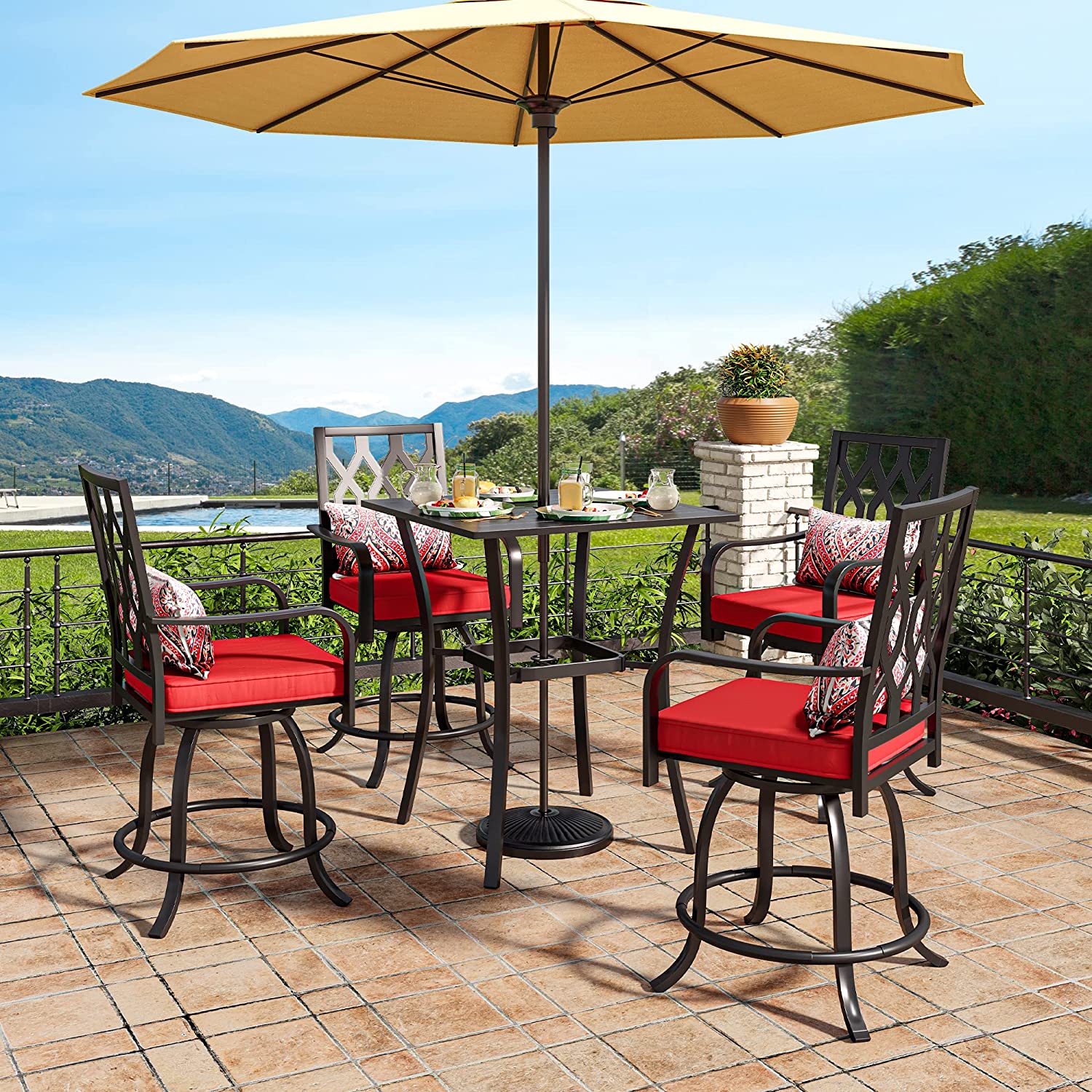 Dextrus 5-Piece Patio Swivel Bar Set, 32" Square Patio Bar Table (Umbrella Hole) and 4 Cushioned Swivel Bar Stools, Metal Patio Bar Set Ideal for Patio Lawn Garden Porch, Black - image 3 of 7