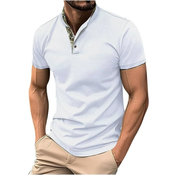 Men's Golf Tees Tops Waffle Texture Quarter Button Pull-On Polo Shirts Business Casual Breathable Slim Fit Stand Neck T-Shirts