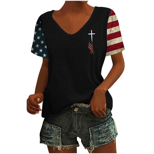 Tops Cortos para las Mujeres Día de la Independencia Patriótica Impreso Cuello en V, Manga Corta Top Casual para Diario, Fiesta Y Todas las Estaciones